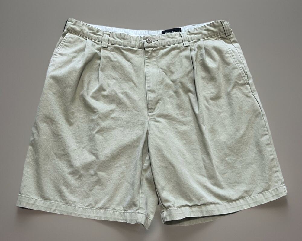 Vintage Eddie Bauer Mens 38 Tan Khaki Cotton Pleated Preppy Chino Shorts
